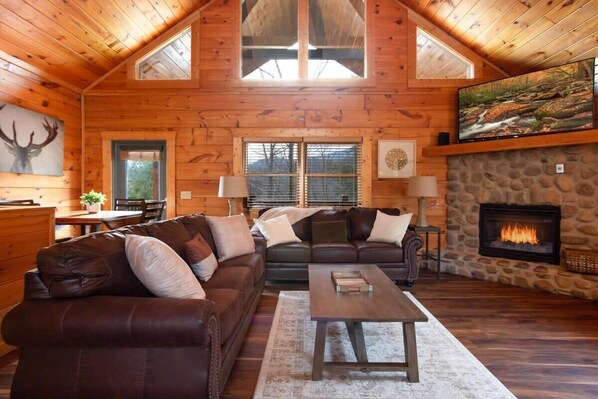 Televisio, takka, työhuone