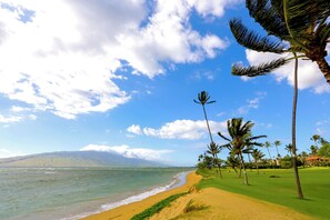 A beach with a clear sky, palm trees, and a view of the ocean. - Where Serenity Finds You Kihei Remodeled 1BR Condo Private Lanai and Pool (Kihei)