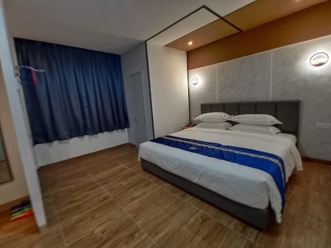 Desk, laptop workspace, blackout curtains, iron/ironing board