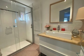 Shower, hair dryer, towels
