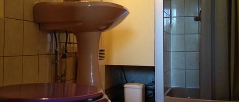 Een badkamer met toilet, wastafel en douchehoek.