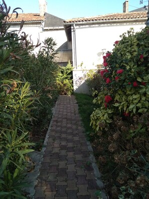 A paved pathway leading to a building with a tiled roof.