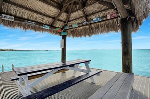 Une jetée en bois avec un banc, une structure surmontée d’un toit de chaume et une vue sur l’océan.
