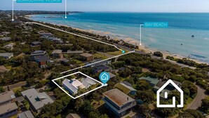 Luchtbeeld van een kustgebied met daarop aangegeven locaties: Blairgowrie Village, Marina en Bay Beach.