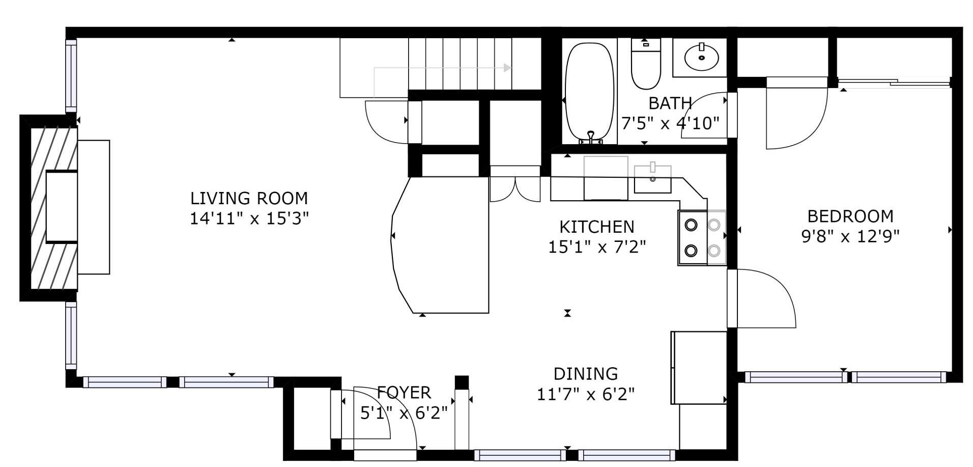 Un plan d’étage comprenant un salon, une cuisine, un coin repas, une chambre et une salle de bain.