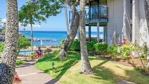 A pathway leading to a building with a view of the ocean. - Ocean Views and Lots of Turtles - 2 bedroom in Napili (Napili)