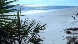 Ein Strand mit blauem Himmel und ruhigem Wasser.