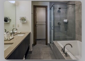 Hair dryer, towels, soap, shampoo