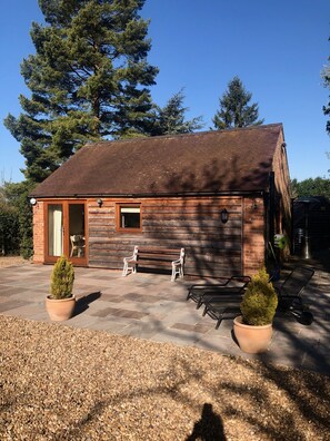 Une cabane rustique en rondins de bois, avec une façade en bois, une porte, une fenêtre et un espace patio comprenant deux bancs et deux plantes en pot.
