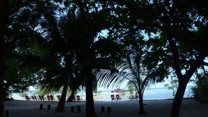 A beachside seating area with chairs and an umbrella, surrounded by trees. - Coconhuts Beach Resort-neil Island (Port Blair)