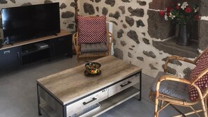 A living room with a stone wall, a television, a coffee table, two wicker chairs, a floor lamp, and a fireplace.
