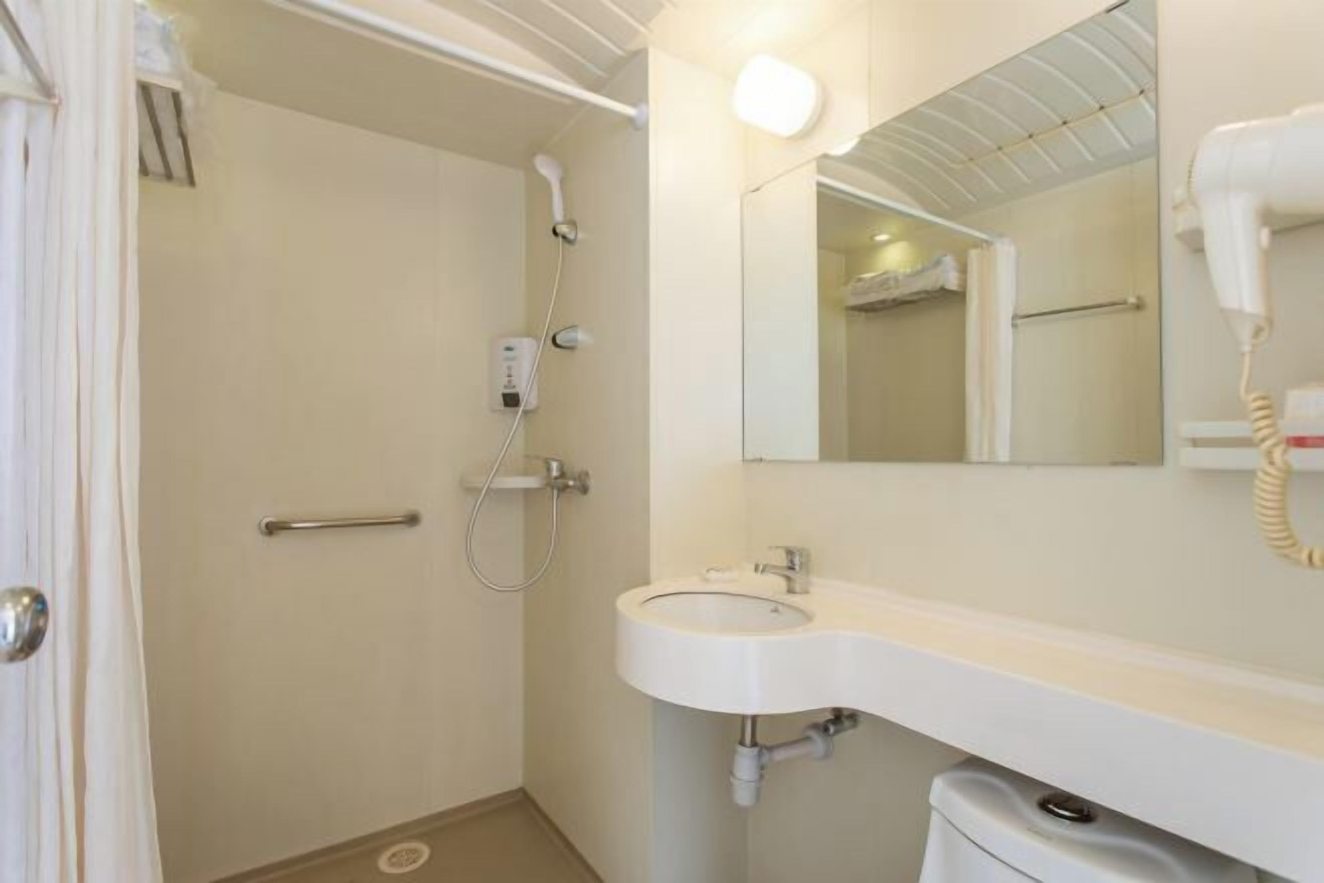 A bathroom with a sink, mirror, shower, and hairdryer.