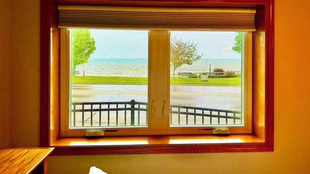 A window with a view of a park and a body of water.