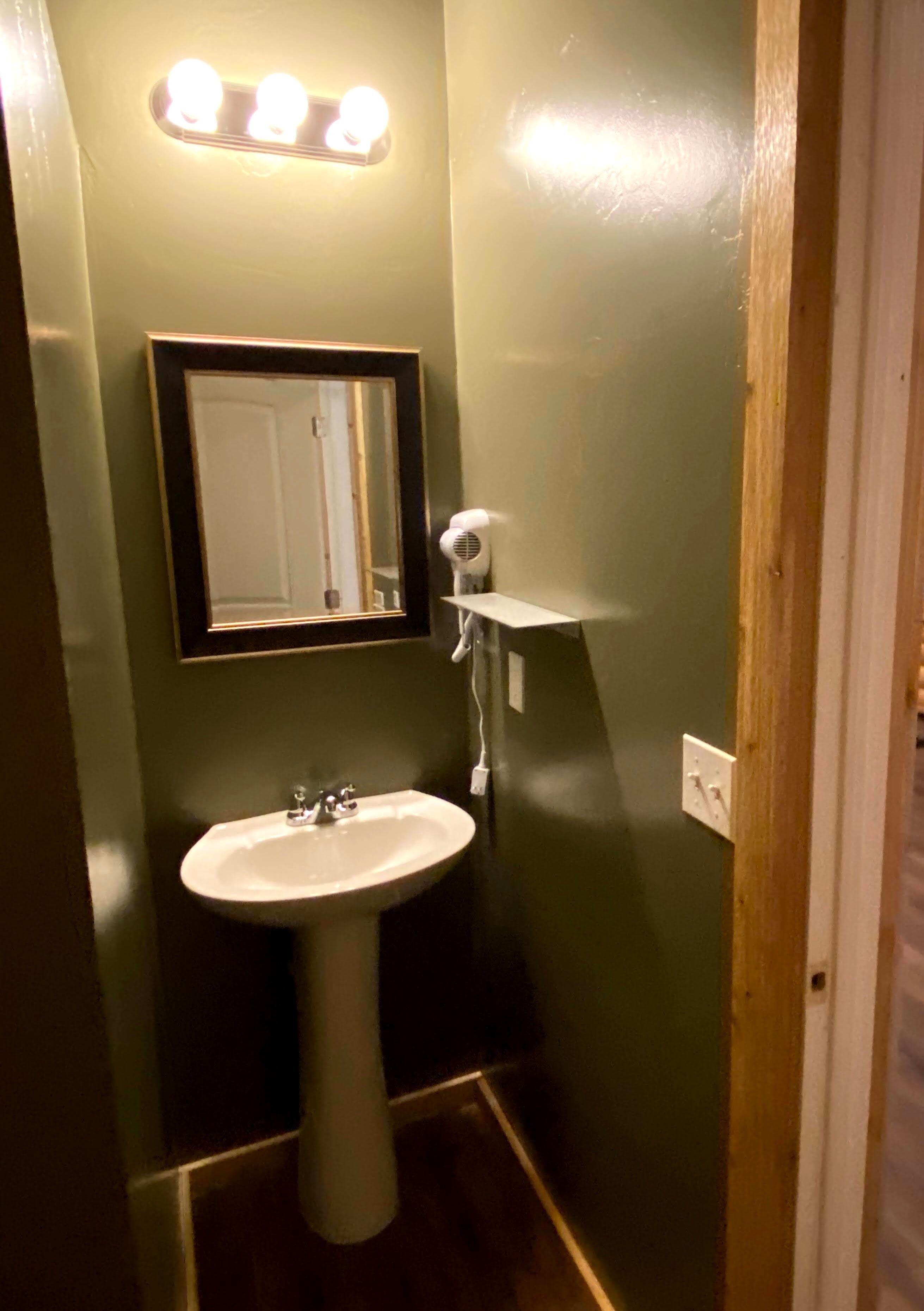Un baño pequeño con lavamanos pedestal, un espejo y un secador de pelo en un estante.