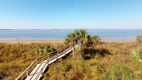 Stroll along the scenic coastal walkway, surrounded by lush vegetation and palm trees, leading to the beach.