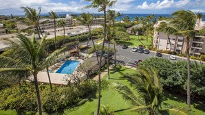 Un resort con piscina, palmeras y vista al océano.