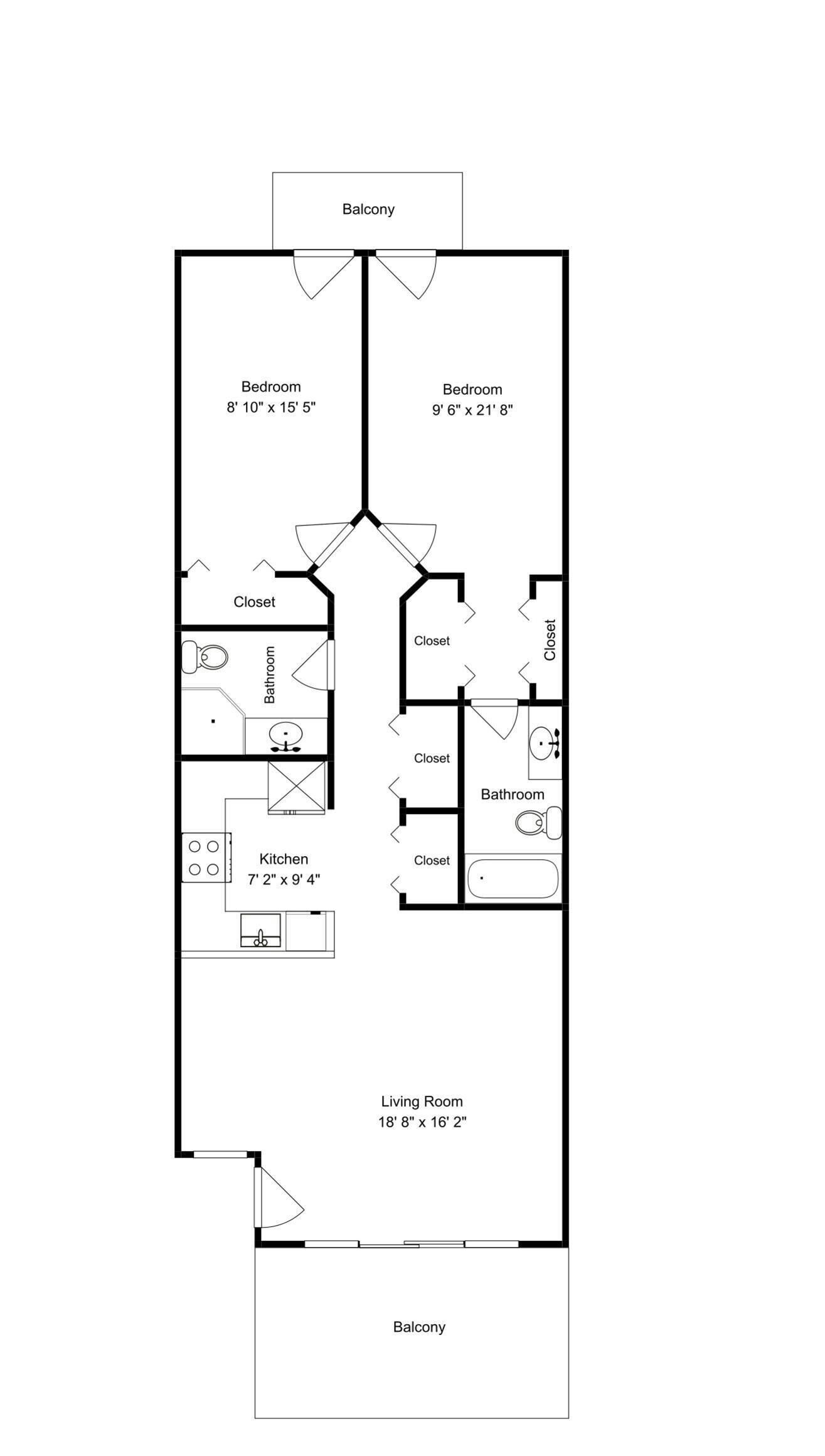 Plànol d'una casa amb dues habitacions, cuina, saló, dos banys i un balcó.