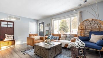 Smart TV, caminetto, tavolo da calcetto, libri