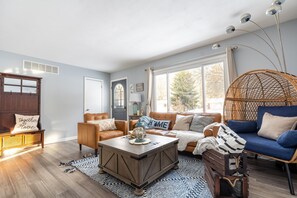 Smart TV, fireplace, foosball, books