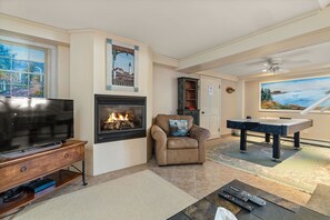 Smart TV, fireplace, video games, DVD player