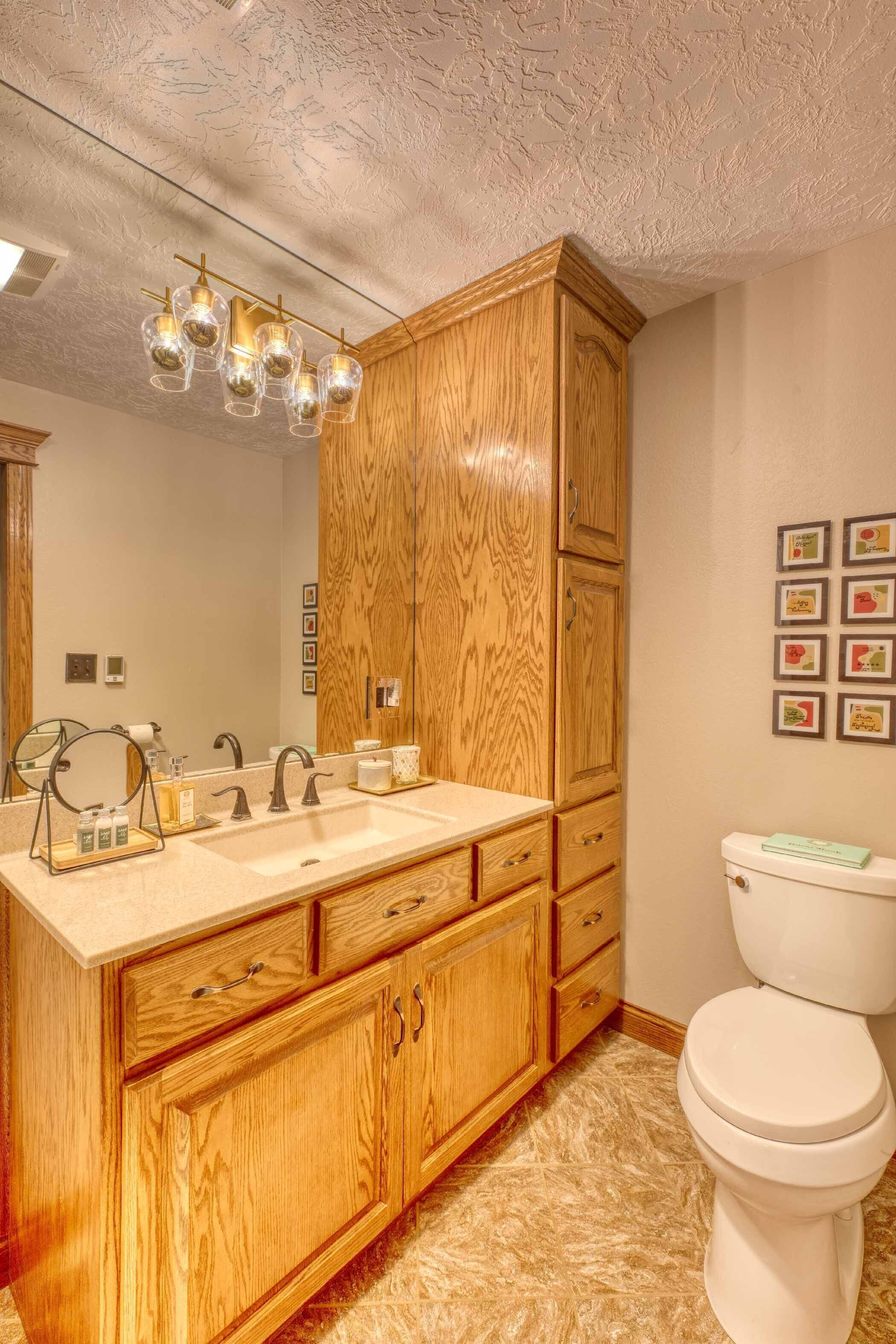 A bathroom with wooden cabinetry, a double sink, a toilet, and a ceiling light fixture.