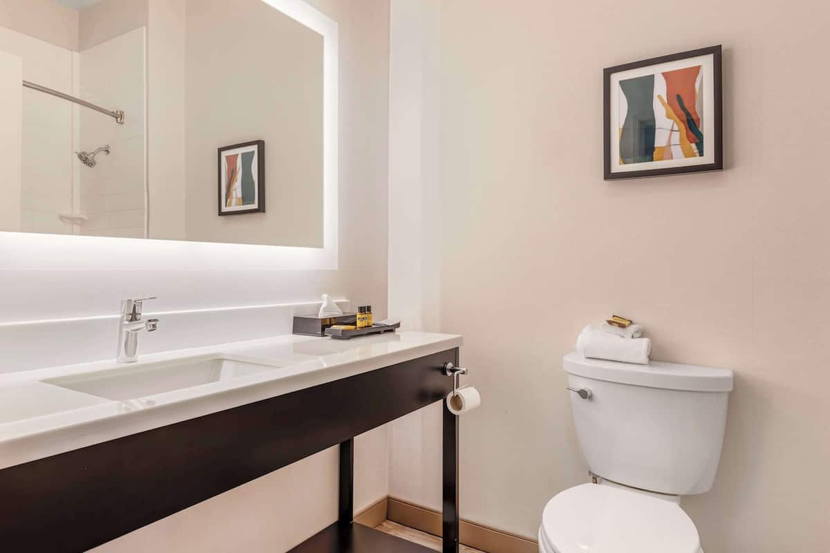 combined shower/bathtub, rainfall showerhead, free toiletries