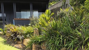 Jardín ajardinado con diversas plantas y un muro de contención de piedra.