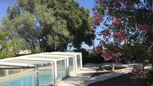 Une piscine extérieure moderne, dotée de parois en verre, entourée d’arbres et d’un arbuste en fleurs.