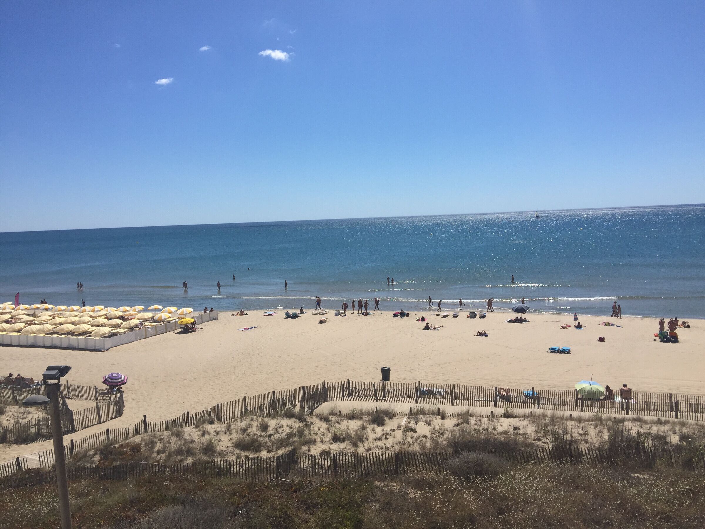 A beach with a sandy area, a wooden fence, and a clear blue sky.