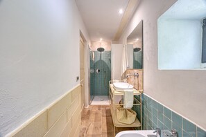 Ein schmales Badezimmer mit Dusche, Waschbecken und Spiegel.