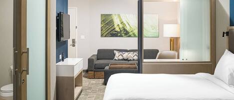 A hotel room with a bed, a sofa, a desk, a TV, and a bathroom.