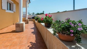 A rooftop terrace with potted plants and a tiled floor. - PRIVATE VILLA WITH POOL VALLADA.No for rent to under 25 years old for S.Joan (ciutadella de menorca)