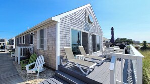 Terrace/patio - Waterfront 2BD Cottage: RIGHT ON THE BEACH, Water View, Direct Beach Access, A/C & Exclusive Use Deck (North Truro)