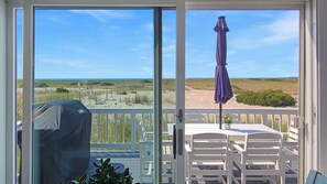 Outdoor dining - Waterfront 2BD Cottage: RIGHT ON THE BEACH, Water View, Direct Beach Access, A/C & Exclusive Use Deck (North Truro)