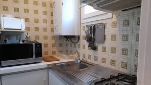 Une cuisine compacte équipée d’un four à micro-ondes, d’un évier et d’une cuisinière à gaz.