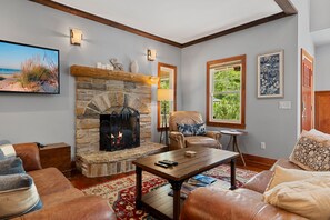 Smart TV, fireplace, foosball