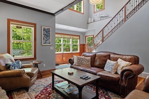 Smart TV, fireplace, foosball