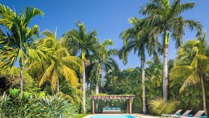 Une piscine agrémentée d’une pergola et de chaises longues, entourée de palmiers et de verdure.