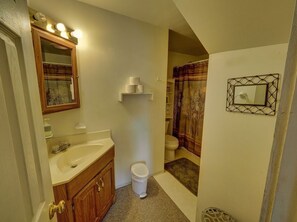 Hair dryer, towels, soap, shampoo
