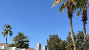 A residential property with a covered patio, a well-maintained lawn, and mature palm trees. - Retreat w/ Pool  & Spa Home in Palm Desert 
There is a 300.00 fee to heat pool 
 (Palm Desert)