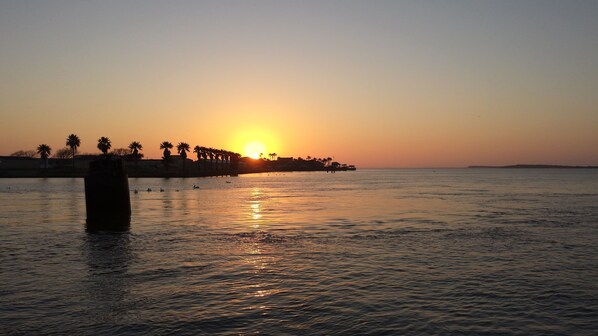 A sunset over a calm body of water with palm trees and a distant shoreline. - Quarter Deck- 2 Bedroom- In-Town and Near the Beach, Pet Friendly! (Port Aransas)