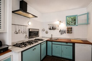 Una cucina con fornello a gas, forno e lavandino.