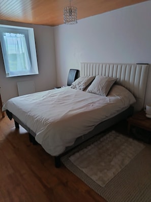 A bedroom with a bed, a nightstand, a chair, a window, and a ceiling light fixture.