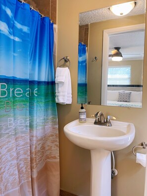 Combined shower/tub, hair dryer, towels, soap