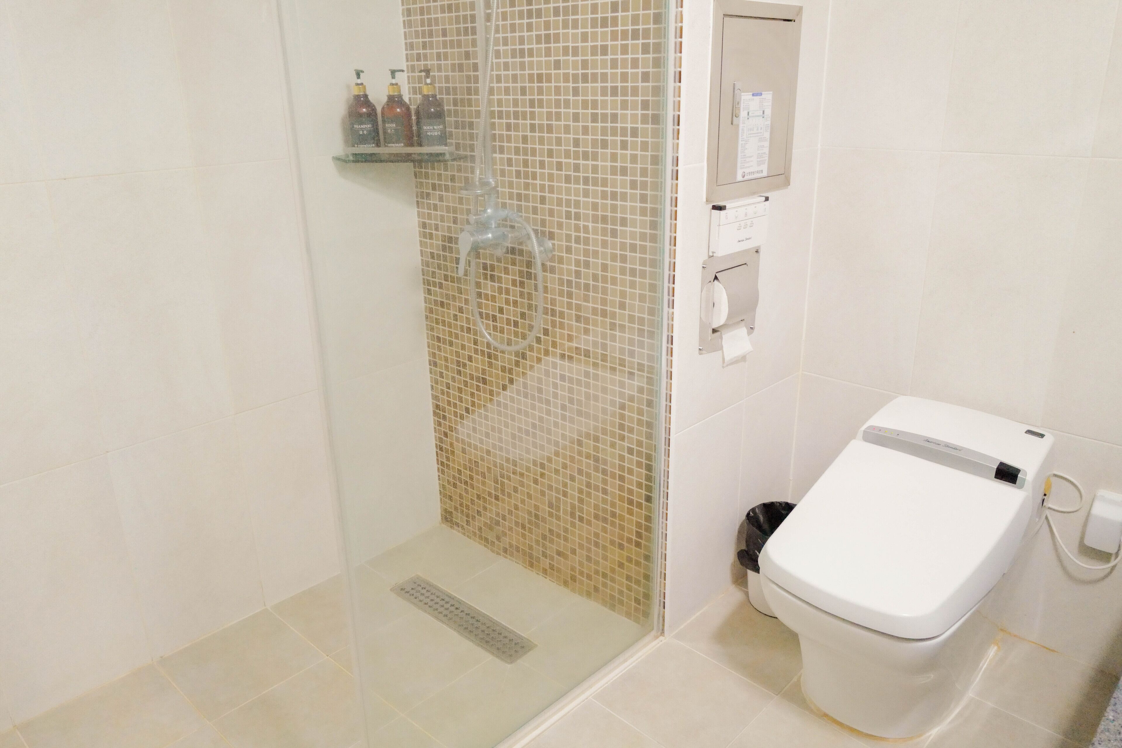 shower, hair dryer, bidet, towels