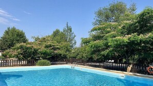 A rectangular swimming pool with clear blue water, surrounded by a wooden fence and lush green trees.