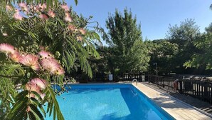 Ein rechteckiger Swimmingpool mit klarem, blauem Wasser, umgeben von einer gefliesten Terrasse und einem Holzzaun.