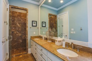 Shower, hair dryer, soap, shampoo