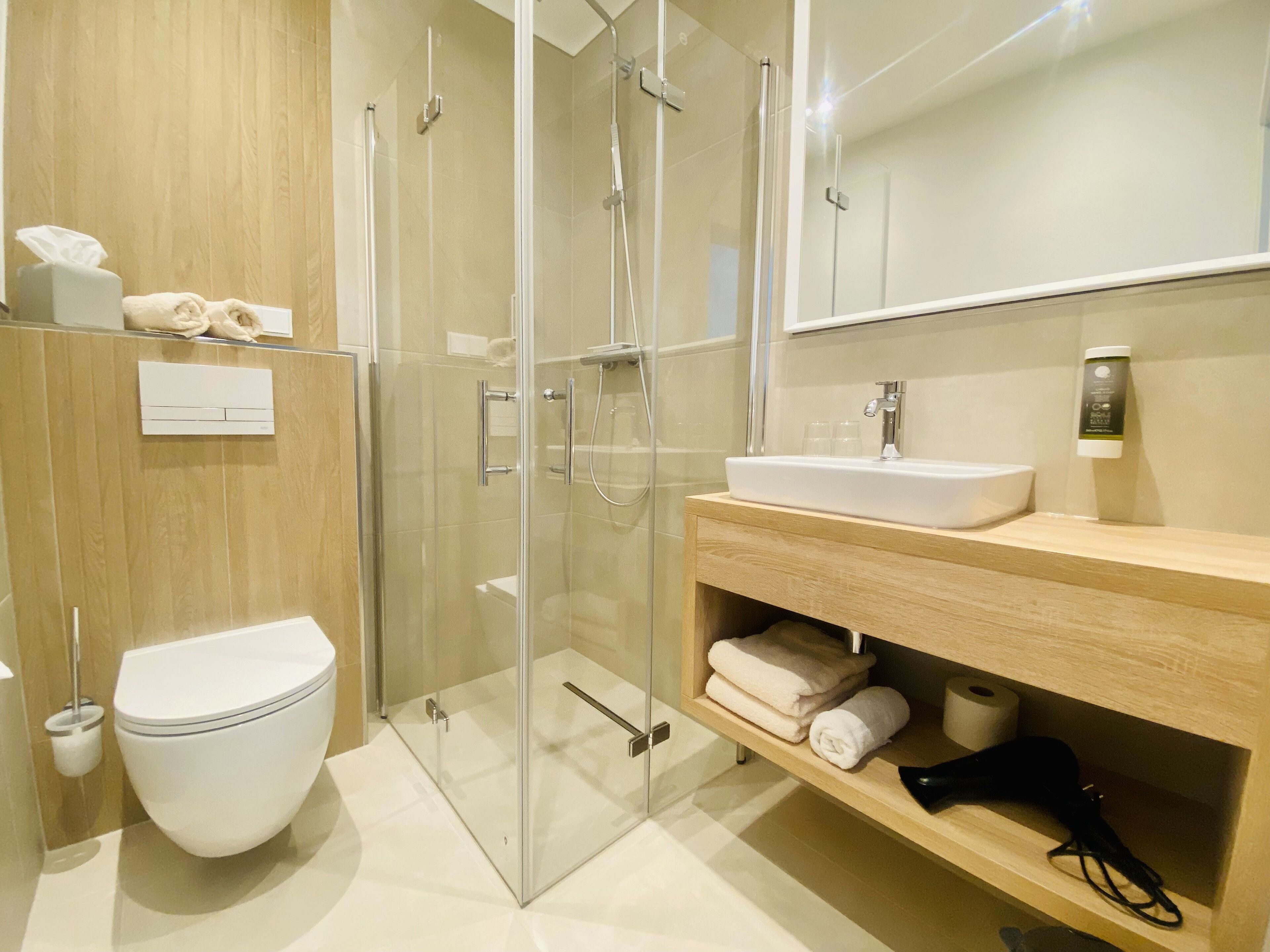 Hair dryer, towels, soap, toilet paper
