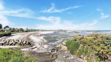 A coastal landscape with a sandy beach, rocky outcrops, and lush greenery.